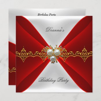 Elegant Regal Red Birthday Gold Jewel White Silk Invitation by Zizzago at Zazzle
