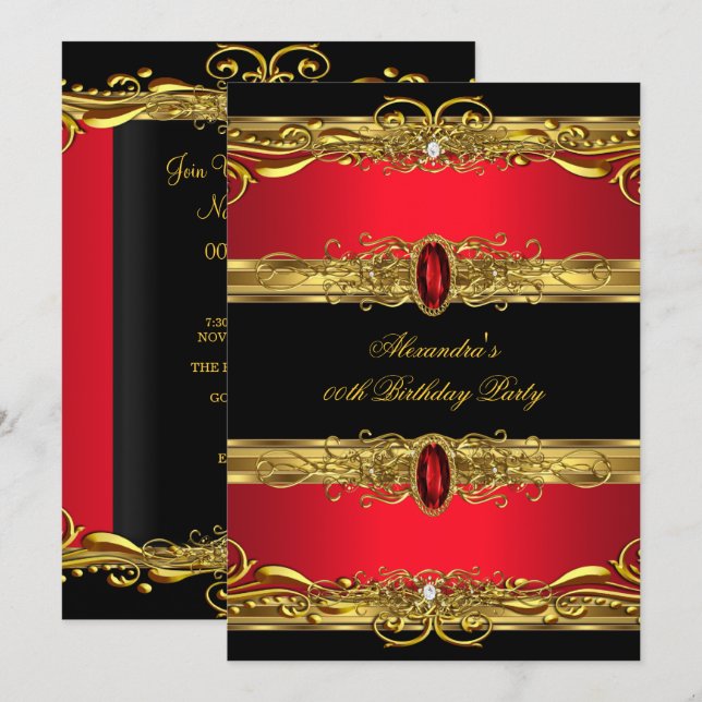 Elegant Regal Red Black Gold Birthday Party Invitation (Front/Back)
