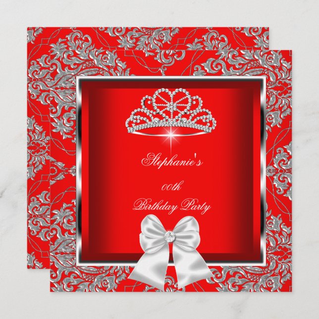Elegant Regal Red Damask Silver Birthday Party Invitation (Front/Back)