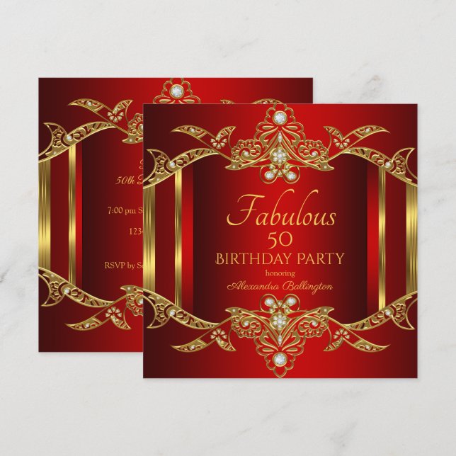 Elegant Regal Red Gold Birthday Party Invitation (Front/Back)