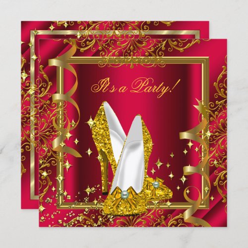 Elegant Regal Red Gold Shoes Birthday Party Invitation