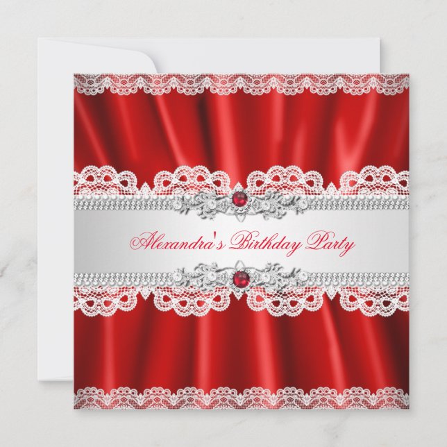 Elegant Regal Red Pearl Diamond Lace Party Invitation (Front)