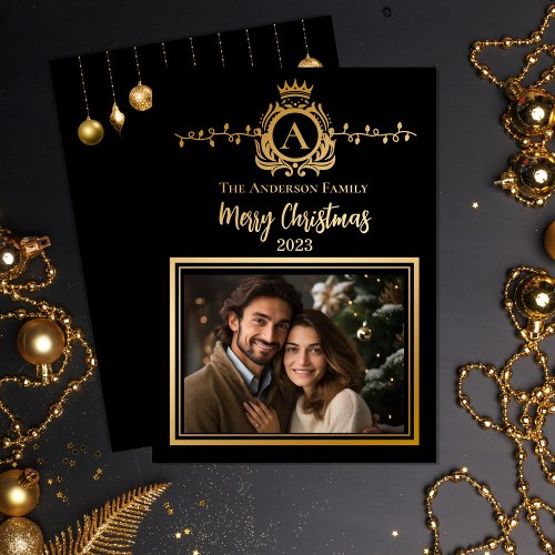 Elegant Regalia Monogram  Merry Christmas Photo Foil Holiday Card