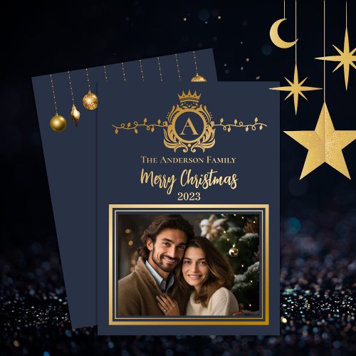 Elegant Regalia Monogram  Merry Christmas Photo Foil Holiday Card