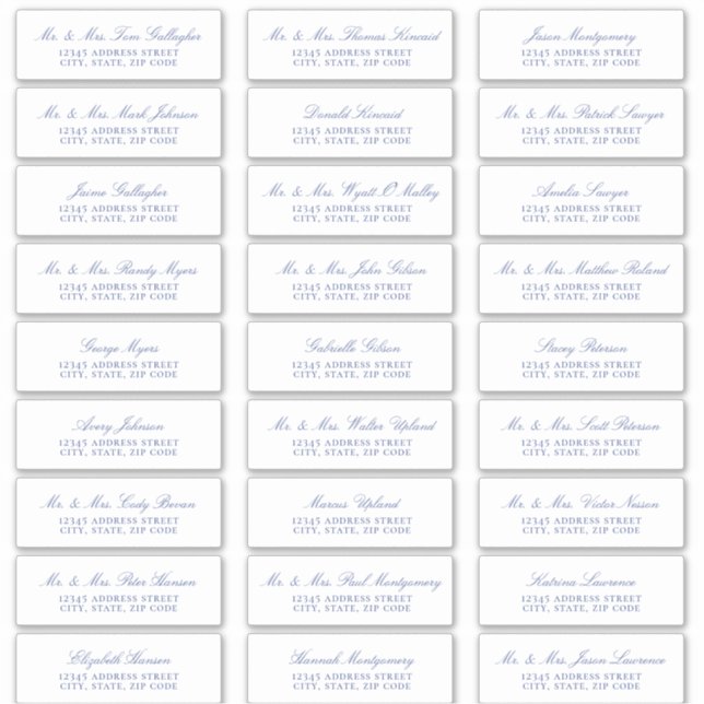 Elegant Regency Blue Script Guest Address Labels (Front)