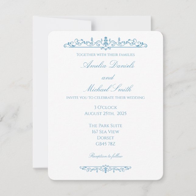 Elegant Regency Blue  & White Wedding Invitation (Front)