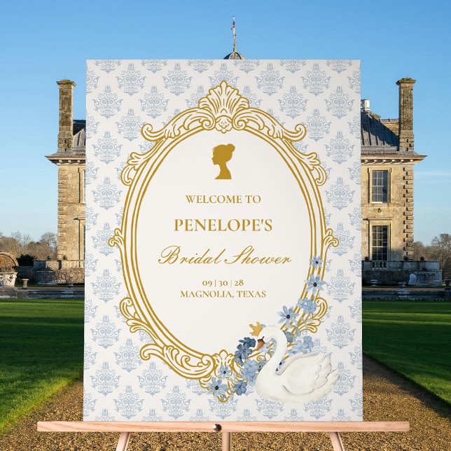 Elegant Regency Era Blue and Gold Bridal Shower Acrylic Sign (Creator Uploaded)