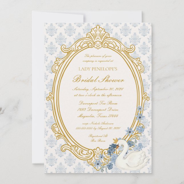 Elegant Regency Era Blue and Gold Bridal Shower Invitation (Front)