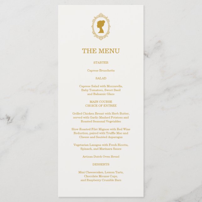 Elegant Regency Era Blue and Gold Bridal Shower Menu (Front)