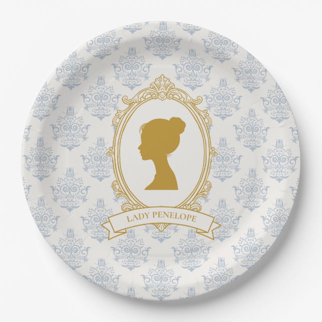 Elegant Regency Era Blue and Gold Bridal Shower Paper Plates (Front)