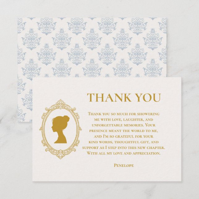 Elegant Regency Era Blue and Gold Bridal Shower Thank You Card (Front/Back)