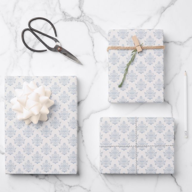 Elegant Regency Era Blue Damask Bridal Shower Wrapping Paper Sheets (Front)