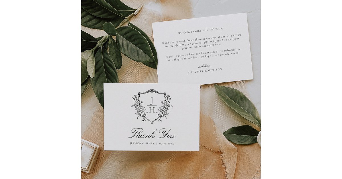 Elegant Regency Floral Crest Monogram Wedding Thank You Card | Zazzle