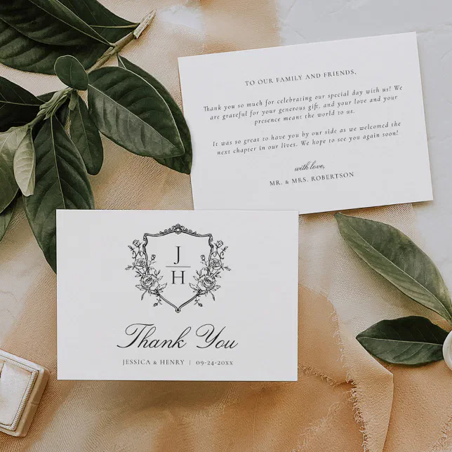 Elegant Regency Floral Crest Monogram Wedding Thank You Card | Zazzle
