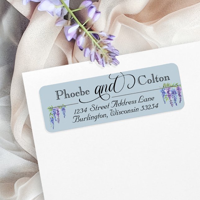 Elegant Regency Wisteria Garden Wedding Address Label (Elegant dusty blue Regency vintage script Bridgerton floral wisteria wedding return address label)