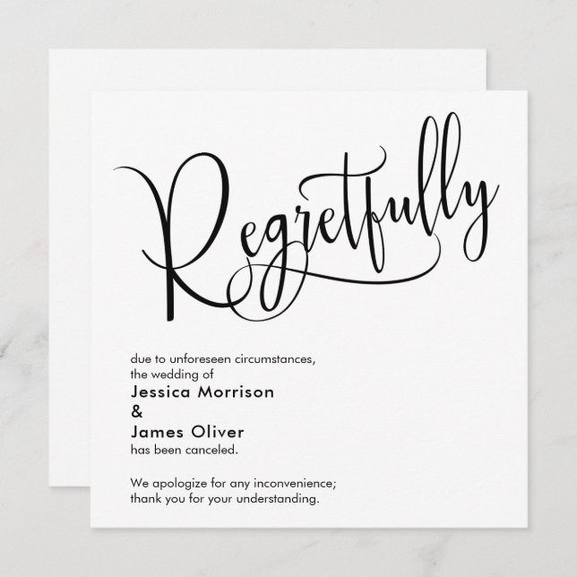 Elegant "Regretfully" Canceled Wedding Card (Front/Back)