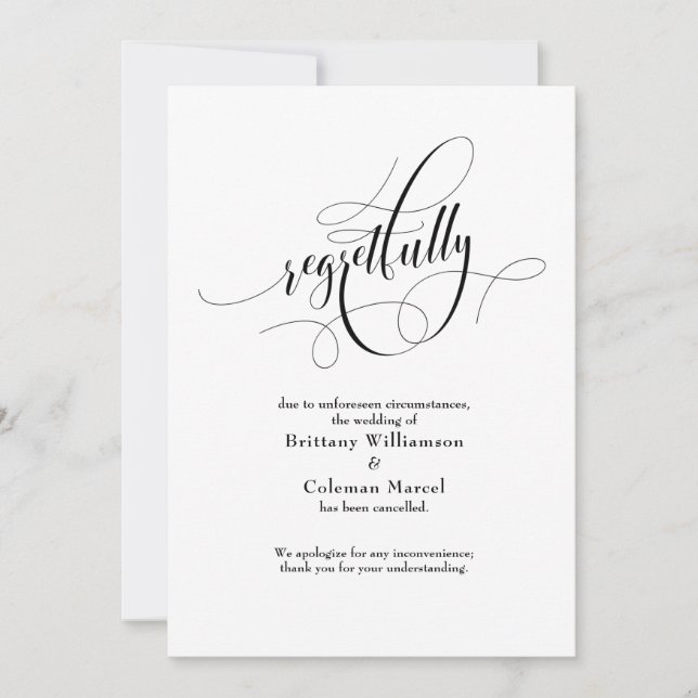 Elegant Regretfully Cancelled Wedding Announcement (Front)