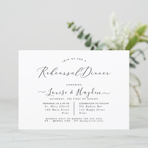 Elegant Rehearsal Dinner, Black White Luxe Script Invitation 