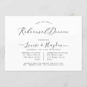 Elegant Rehearsal Dinner, Black White Luxe Script Invitation