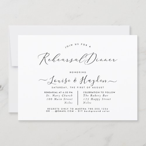 Elegant Rehearsal Dinner  Black White Luxe Script Invitation