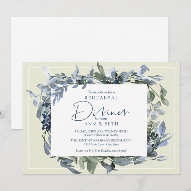 Elegant Rehearsal Dinner Blue Floral Greenery Invitation (Front/Back)