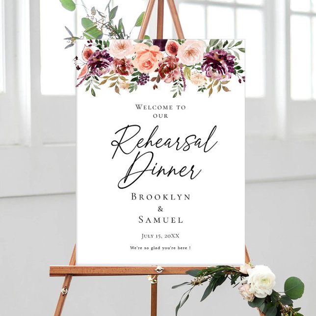 Elegant Rehearsal Dinner burgundy floral welcome Poster (Creator Uploaded)