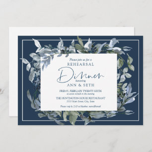 Elegant Rehearsal Dinner Dark Blue Floral Wreath Invitation
