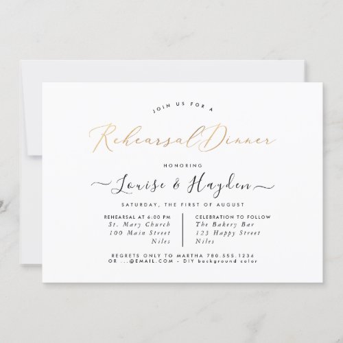 Elegant Rehearsal Dinner  Faux Gold Luxe Script Invitation