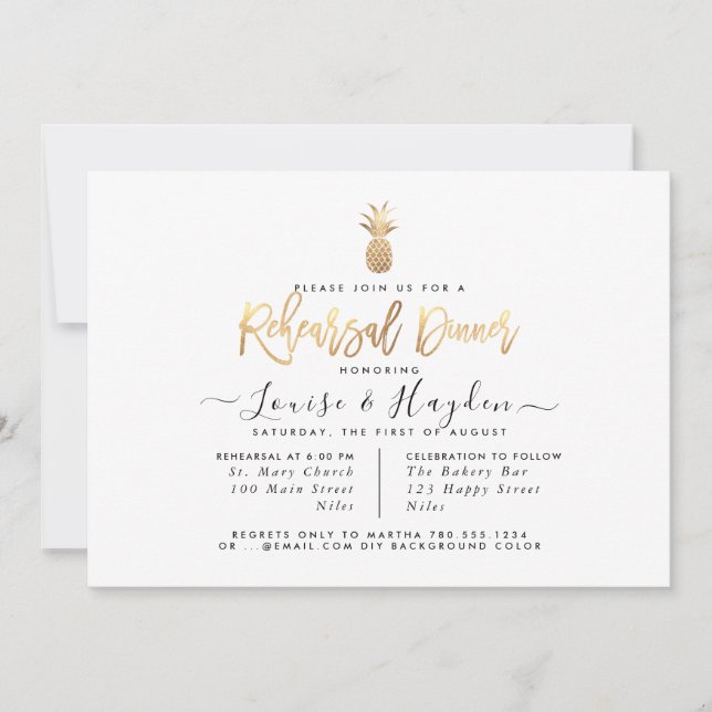 Elegant Rehearsal Dinner, Faux Gold Pineapple Announcement (Front)