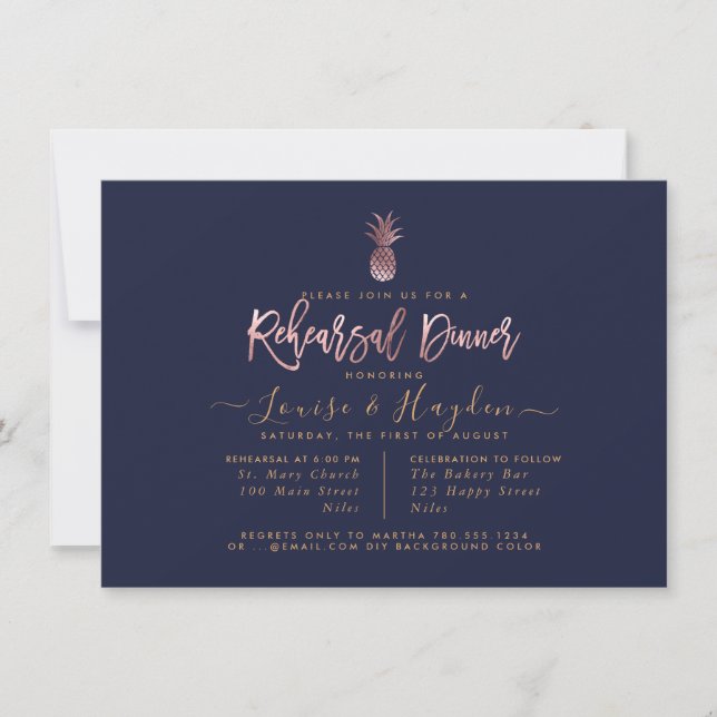 Elegant Rehearsal Dinner, Faux Rose Gold Pineapple Announcement (Front)