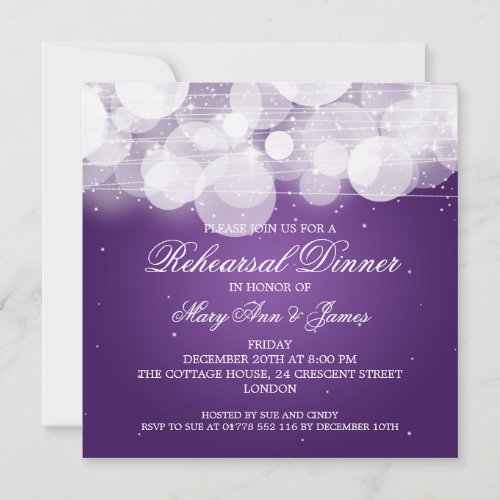 Elegant Rehearsal Dinner Glow &amp; Sparkle Purple Personalized Invite