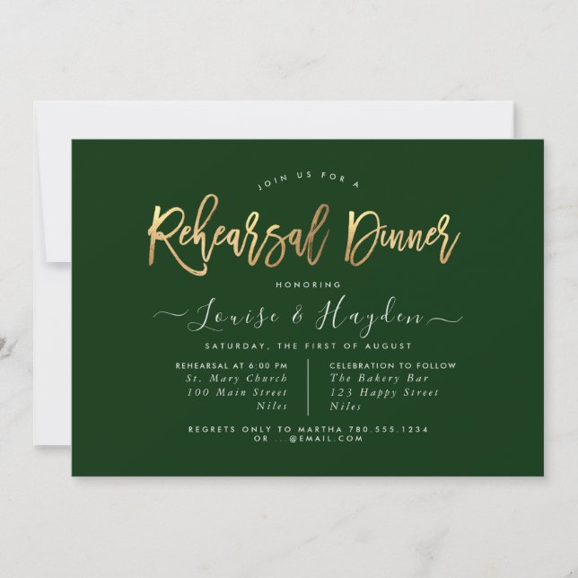 Elegant Rehearsal Dinner, Gold Modern Script Announcement (Front)