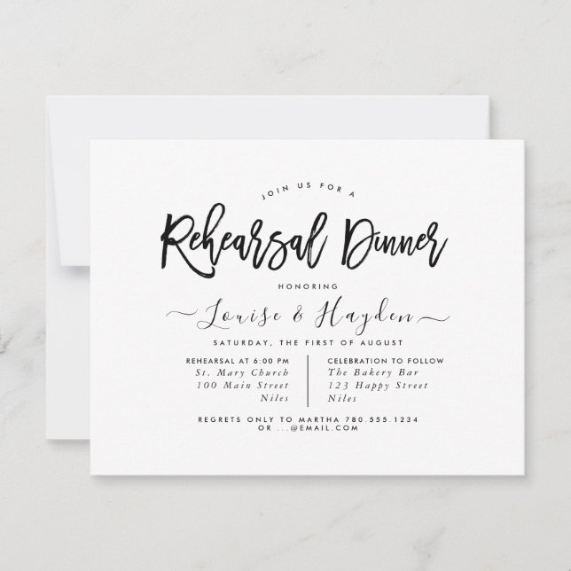 Elegant Rehearsal Dinner, Handwritten Brush Script Announcement (Front)