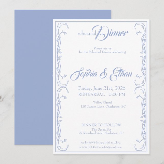 Elegant Rehearsal Dinner Invitation – Blue Rose F (Front/Back)