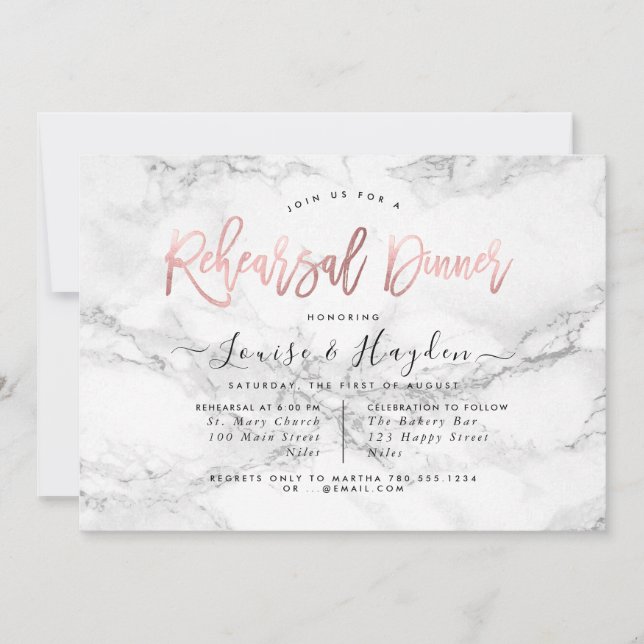 Elegant Rehearsal Dinner, Marble+Rose Gold Announcement (Front)