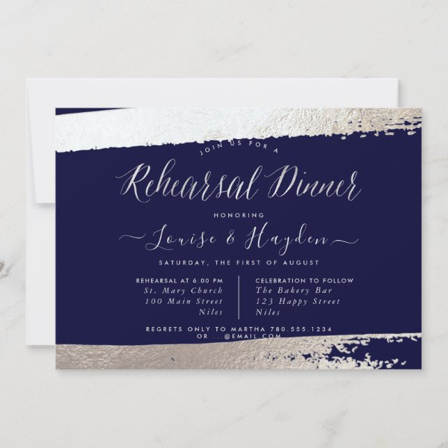 Elegant Rehearsal Dinner, Silver Brush+Script Announcement (Front)