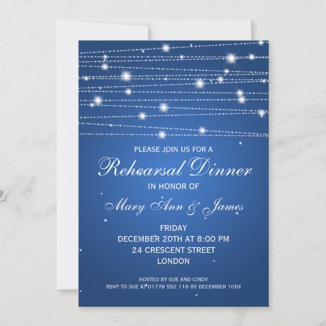 Elegant Rehearsal Dinner Sparkling Lines Sapphire Invitation (Front)