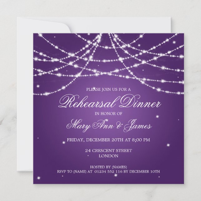 Elegant Rehearsal Dinner Sparkling String Purple Invitation (Front)