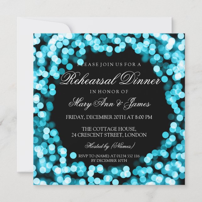 Elegant Rehearsal Dinner Turquoise Sparkly Lights Invitation (Front)