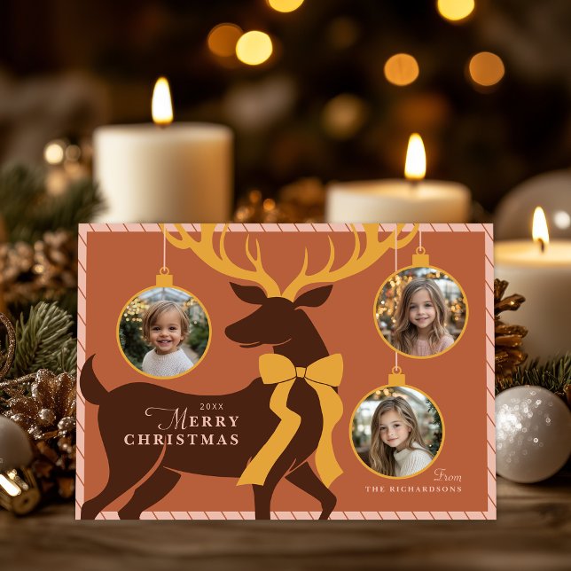 Elegant Reindeer 3 Photos Christmas Card (Shown on a 5" x 7" horizontal card)