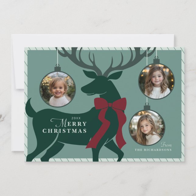 Elegant Reindeer 3 Photos Christmas Card (Front)