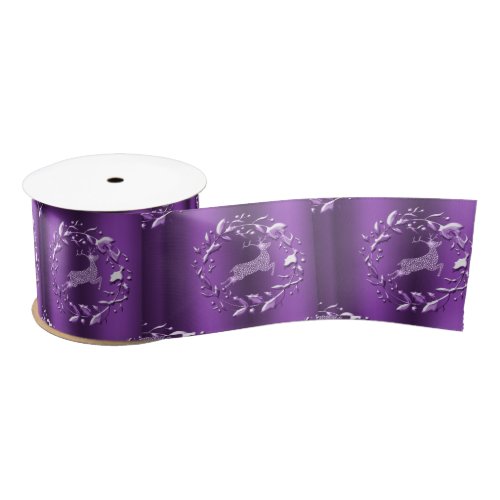 Elegant Reindeer and Wreaths Purple Christmas Satin Ribbon