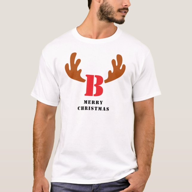 Elegant Reindeer Christmas Family Monogrammed Name T-Shirt (Front)