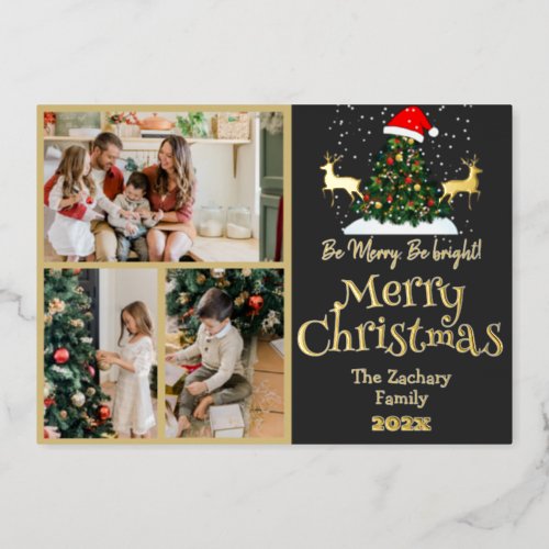 Elegant Reindeer Christmas Family Photo Collage Foil Holiday Card