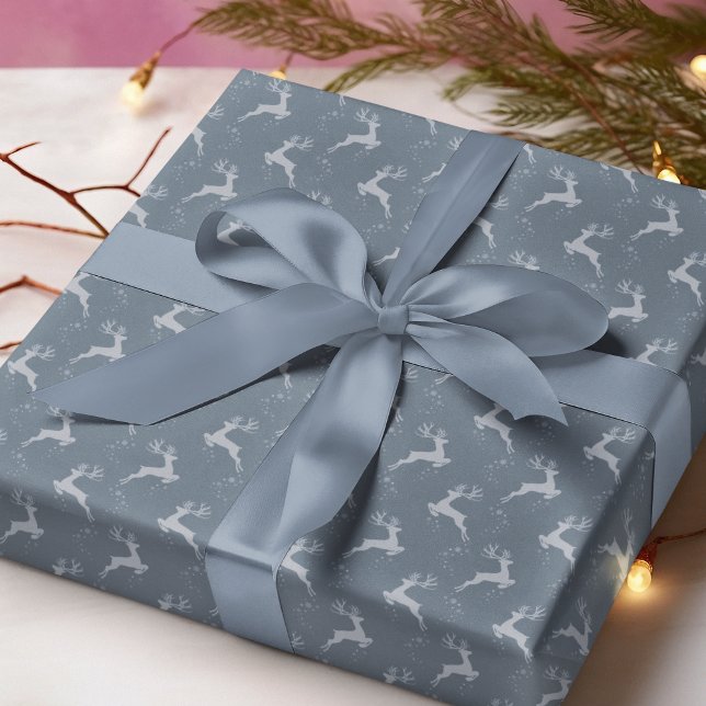 Elegant Reindeer Dusty Blue Monotone Christmas Wrapping Paper (Creator Uploaded)
