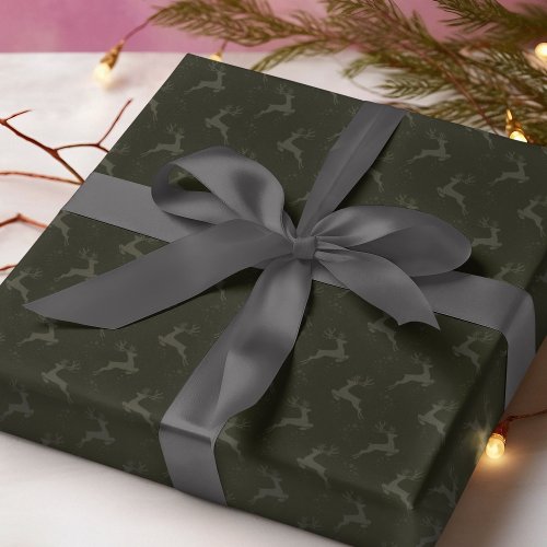 Elegant Reindeer Pine Green Monotone Christmas Wrapping Paper