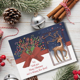 Elegant Reindeer Red Bow Blue& White Holiday Card