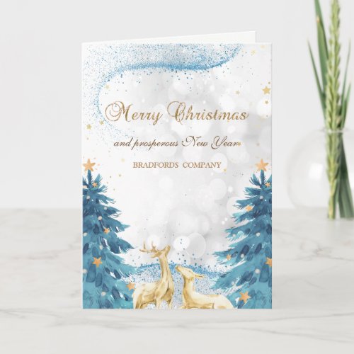 Elegant ReindeersBlue Christmas Trees Bokeh Holiday Card