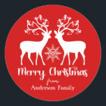 Elegant Reindeers Merry Christmas Family Name Red Classic Round Sticker<br><div class="desc">Red round Christmas gift stickers with an elegant reindeers illustration and beautifully written Merry Christmas script as well as custom family name.</div>