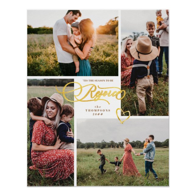 Elegant Rejoice Gold Christmas Four Photo Collage Poster (Front)